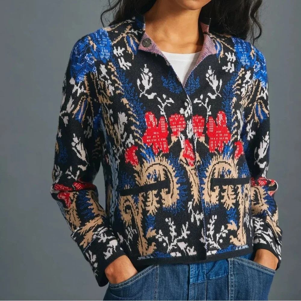 Anthropologie Pilcro Floral Jacquard Knit Snap Front Cardigan Sweater Black Sm